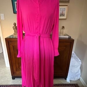 J.Crew Hot Pink Tie-Waist Dress Long Sleeve Button Front, pleated. NWT